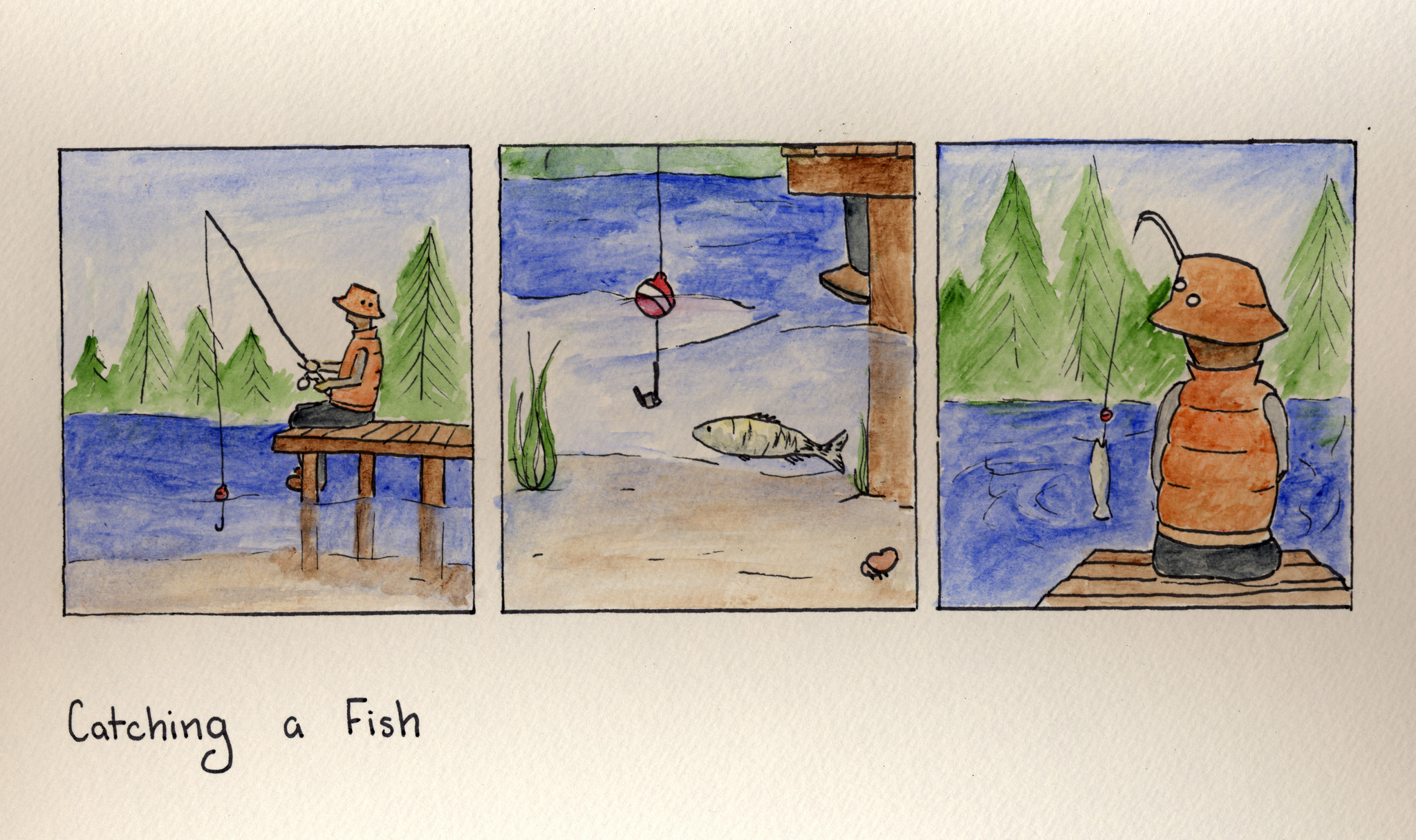 Catching a Fish — watercolor painting