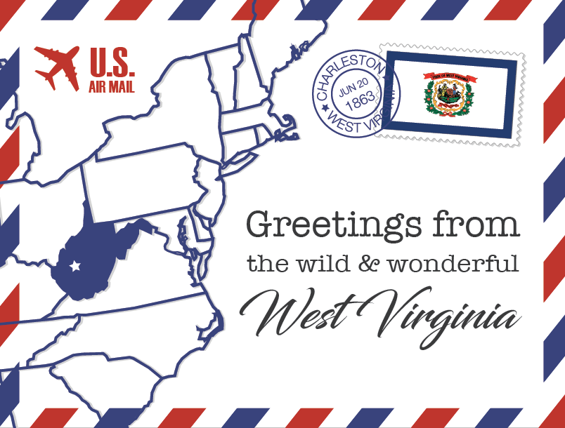 Greetings from WV maxicard-style postcard with state flag stamp